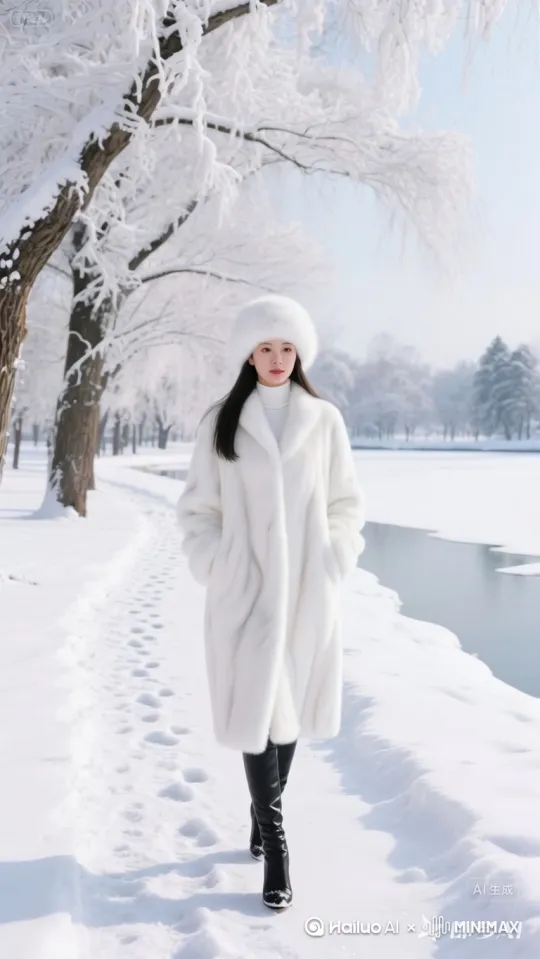 按原图质感，美女正面照平行光圈超清画质真人写真，在雪地散步[右摇,变焦推进] by Hailuo AI Video Generator