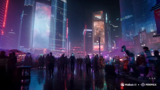 《霓虹夜行：2080年的赛博街头》
画面描述（分镜建议）：
开场：
镜头从高空俯冲而下，穿过悬浮的广告全息屏，展现一座由玻璃与钢铁构成的未来都市，霓虹灯光在雨中折射出紫红色调。
文字提示（输入AI工具）： "A futuristic metropolis at night, neon lights reflecting on wet streets, holographic billboards floating between skyscrapers, cyberpunk style, cinematic shot from the sky."
主角登场：
一个戴着发光面具的行人走过街道，身后拖曳着数据流残影，两侧的机器人商贩叫卖着虚拟商品。
文字提示： "A mysterious figure in a glowing mask walks through a crowded street, leaving digital trails, surrounded by robotic vendors selling holographic gadgets, ultra-detailed cyberpunk atmosphere."
冲突瞬间：
突然，空中警笛响起，无人机群掠过，主角跃入一辆反重力出租车，车身瞬间变形为飞行模式。
文字提示： "Police drones swarm the sky with red sirens, the protagonist jumps into a shape-shifting flying taxi, sci-fi action scene, dynamic camera angle."
结尾留白：
镜头拉远，城市淹没在数据洪流中，浮现标语 “你眼中的未来，是代码还是梦境？”
文字提示： "The city dissolves into streams of binary code, text appears: 'Is your future made of code or dreams?', cinematic fade-out." by Hailuo AI Video Generator