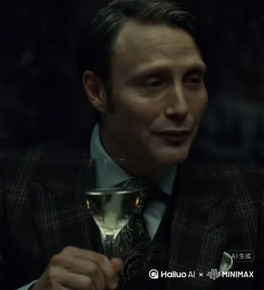 图片中的人物深情自然转过头来，然后举起手中的酒杯带有一丝笑意镜头致敬，同时镜头不断向后移动展现出用餐的桌子，以及食物 by Hailuo AI Video Generator
