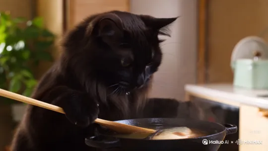 逼真长毛黑猫厨房实景：
[主体] 4K微观细节黑色缅因猫 + [场景] 铸铁关东煮锅蒸汽弥漫 + [动态] 前爪持木勺搅动鱼竹轮→偷舀汤汁入口→舌触热液瞬间上唇肌收缩 + [镜头] 缓推特写面部痛觉反射 + [氛围] 自然光烹饪纪实感

镜头运动时序：
0-3s： 固定中景（猫直立持勺搅锅，蒸汽凝于鼻尖毛尖）
3-5s： 推进至鼻部特写（粉舌试探性接触汤汁，瞳孔急缩）
5-8s： 极限微距（舌面倒刺沾热汤后颤抖，喉部发出无声嘶哈）

生物动力学参数：
- 真实烫伤反应： 舌苔微血管扩张泛红 + 胡须高频震颤（≥7Hz）
- 蒸汽物理： 冷凝水珠在胸前毛簇滚落轨迹
- 道具交互： 木勺握持点呈现爪印压痕

关键帧描述：
1. 汤汁油膜反光映出猫脸扭曲倒影（f/1.2浅景深）
2. 热浪导致眼前空气折射扭曲（流体模拟参数：viscosity 0.8）
3. 飞溅汤滴在毛尖悬而不落（表面张力渲染精度0.1mm） by Hailuo AI Video Generator