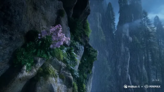 大山深处风雨中绝壁上开着一束鲜花 by Hailuo AI Video Generator