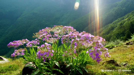 大山深处阳光下的风雨中在绝壁上开着一束鲜花 by Hailuo AI Video Generator