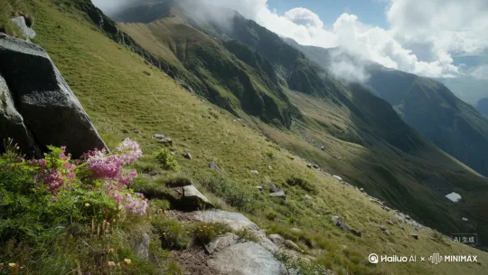 大山深处阳光下的风雨中在绝壁上开着一束艳丽的鲜花 by Hailuo AI Video Generator