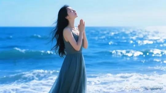 一个女人完全静止的站在海边，只有头发和衣服被风吹动，后面的海边被风吹动，4K分辨率，疯狂细节，大师级运镜，大片杰作 by Hailuo AI Video Generator