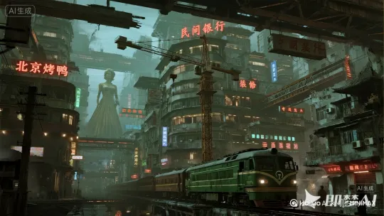 大雨天气，城市动了，起来，火车冲出轨道，建筑倒塌，远处的雕像开始跳舞，闪烁灯光的招牌的灯箱发生爆炸，火光，烟雾弥漫，人们从楼上跳下来，夸张的场景， by Hailuo AI Video Generator