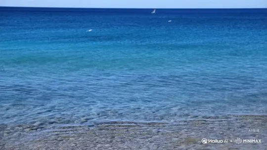 一望无际的深蓝色的大海波浪涌动。海水清澈见底。时不时会看见一些小鱼在游动。还能看见海底的鹅卵石在阳光的照耀下一闪一闪的灵动。几只海鸥在海面上飞翔。一边飞还一边嘎嘎的叫着。这时一个妈妈领着一个小男孩走来。然后他们停下来再欣赏这美丽的风景。 by Hailuo AI Video Generator
