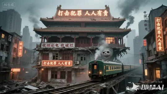 运动的城市，飞速行驶的火车，闪烁的灯箱，写着字的招牌灯光闪烁，一下是红色，一下是女色，一些字体的灯箱坏了爆出火花，废墟中很多人在忙碌，诡异的楼房变成一张脸哈哈大笑，魔幻，抽象画风[左移,右摇,跟随] by Hailuo AI Video Generator