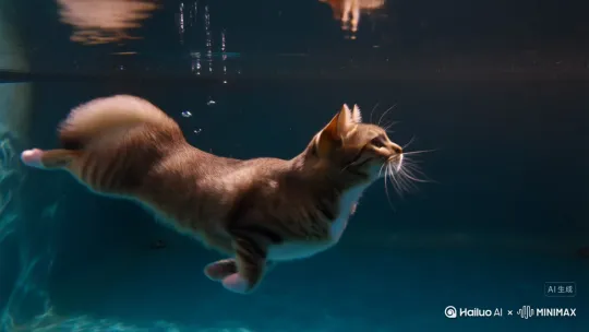 当空翻的弧线抵达顶点，猫轻盈收拢四肢如离弦之箭俯冲而下。入水刹那，粉红肉垫率先破开水面，溅起的水珠如碎钻悬浮空中，而身体却像刀刃滑入丝绸般平滑。水面仅泛起一圈涟漪，仿佛被猫尾轻轻点化的魔法纹路——这分明是顶级跳水选手的"零水花"秘技，却被它用绒毛覆盖的躯体演绎出新的诗意。

水下的慢镜头更显惊艳：被气泡包裹的猫伸展腰肢，爪尖勾出芭蕾舞者般的绷直线条，蓬松尾巴如螺旋桨优雅搅动水流。阳光穿透池底，在它琥珀色的瞳孔里折射出星芒，每一根飘动的胡须都丈量着水流的速度与力度。此刻它不再是陆地猎手，而是化身人鱼与飞鸟的混合体，用液态的舞台证明：重力，从来困不住真正的优雅。 by Hailuo AI Video Generator