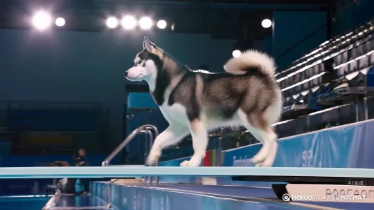 An ultra-realistic video of a graceful Siberian Husky performing in an international diving competition. The setting is a brightly lit Olympic aquatic center, with a palpable atmosphere of tension and anticipation. The husky takes a running start on a standard springboard, its paws making slight gripping sounds on the non-slip surface. The camera follows it with a smooth arc shot from the side, then seamlessly shifts to a low angle to capture the powerful takeoff. In mid-air, time slows down as the husky executes a surprisingly elegant double backflip. Its blue eyes show intense focus, and its fur ripples slightly in the air. It enters the water cleanly like an arrow, creating a minimal yet dramatic splash. An underwater camera catches it releasing a stream of bubbles. The entire video has cinematic color grading and depth of field, emphasizing the realistic physics of the water and the reflection of light on its surface. by Hailuo AI Video Generator