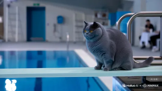 An ultra-realistic video of a graceful British Shorthair blue cat performing in an international diving competition. The setting is a brightly lit Olympic aquatic center, with a palpable atmosphere of tension and anticipation. The cat prepares to dive from a 3-meter springboard. It cautiously walks to the end of the board, crouches low, and then launches itself with an explosive pounce.

The camera follows it with a smooth arc shot from the side, then seamlessly shifts to a low angle to capture the powerful takeoff. In mid-air, time slows down as the blue cat executes a surprisingly nimble double backflip. Its piercing golden eyes show intense focus, and its chubby body curls slightly in the air.

It enters the water cleanly like a furry cannonball, creating a detailed splash appropriate for its size. An underwater camera catches it releasing a stream of bubbles and paddling its paws. The entire video has cinematic color grading and depth of field, emphasizing the realistic physics of the water and the reflection of light on its surface. by Hailuo AI Video Generator