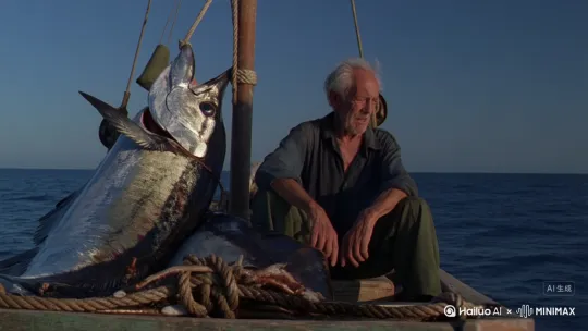 “But man is not made for defeat,” he said. “A man can be destroyed but not defeated.”(1) I am sorry that I killed the fish though, he thought. Now the bad time is coming and I do not even have the harpoon. The dentuso is cruel and able and strong and intelligent. But I was more intelligent than he was. Pehaps not, he thought. Perhaps I was only better armed.
不过人不是生来要给打败的，”他说，“人尽可被毁灭，但不可被打败。”不过我很难过，把这条鱼给杀死了，他想。现在倒霉的时刻快到了，可我连鱼叉也没有。这条dentuso又残忍，又能干，又强壮，又聪明。但是我比它更聪明。也许不是这样，他想。也许我仅仅是装备比它强。 by Hailuo AI Video Generator