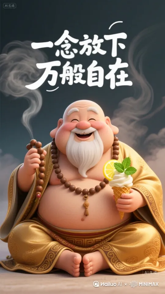 老和尚笑着说话，手里慢慢拨弄念珠，然后吃了一块冰淇淋，脸上呈现非常满足的表情。人物头上的文字慢慢飘散，留下青烟。 by Hailuo AI Video Generator