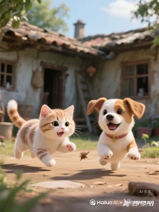 猫崽狗崽追逐撒欢，玩的起劲[右移,左摇,跟随] by Hailuo AI Video Generator