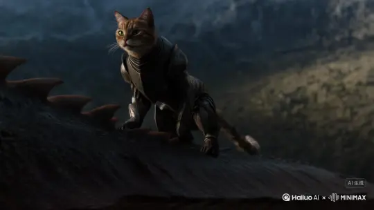 一只威严的猫咪骑在巨龙身上，画风参考《权力的游戏》的史诗奇幻风格，氛围宏大，猫咪穿着中世纪铠甲，光影戏剧性强，背景细致，逼真。 by Hailuo AI Video Generator