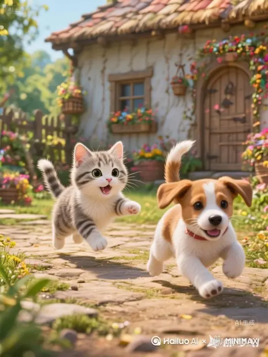 猫崽狗崽追逐撒欢，玩的起劲[右移,左摇,跟随] by Hailuo AI Video Generator