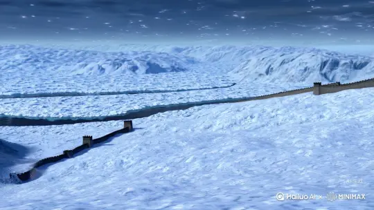 北国风光，千里冰封，万里雪飘，望长城内外，惟余莽莽，大河上下，顿失滔滔[右移,左摇,跟随] by Hailuo AI Video Generator