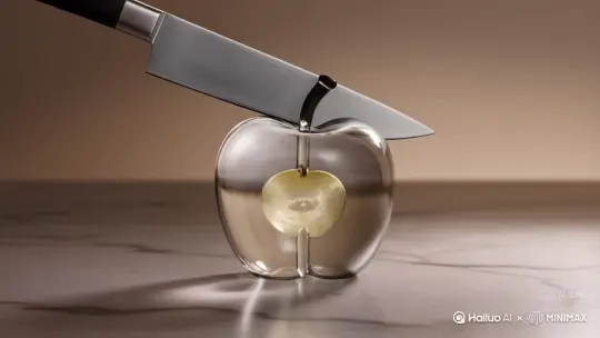 超逼真镜头，一把拥有哑光黑手柄的锋利不锈钢厨刀正在切开一个完全由[玻璃]制成的[苹果]，刀刃正切到一半。这个[柠檬]雕刻完美在柔和的漫射光下闪烁着光泽，其表面有[与水果和材质相符的表面细节，例如:玻璃草得上凸起的种子金属苹果光沿的抛光表面]。随着刀锋向下切割
一片完美无瑕的切片剥离开来，露出其发光的内部核心核心拥有[与水果和材质相符的内部纹理.例如:致璃化的果核和光线折射，或金属裂的同心金属层]场景设置在中性色调的大理石台面上，有柔和的环境反射无背景干扰。无音乐，无电影黑边，无水印，无字幕。摄像机采用正面特写固定视角，并缓慢地向切割动作进行电影般的推近。 by Hailuo AI Video Generator