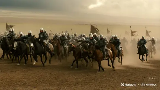 古代骑兵冲锋画面，加BGM，突出重点，画面要有冲击力。 by Hailuo AI Video Generator