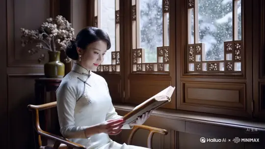 古典东方女子穿着旗袍坐在窗口看着书，窗外下着雪花 镜头逐渐拉近[左移,推进,右摇] by Hailuo AI Video Generator