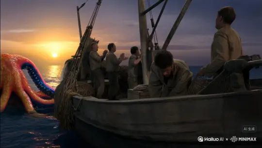 黄昏的海面上，一艘渔船荡漾在海面上，在夕阳的映衬下分外安详，渔民门喊着号子一点一点将渔网拖出海面，突然站在最前方的渔民像是看到什么，将头逐渐探向海面，突然他瞪大了双眼，嘴巴不停的颤抖，身体也因为情绪的波动，微微的颤抖，旁边的人看到他的表现拍了拍他的后背，说到“怎么了，看到什么好东西了，这么激动”看向海面的渔民没有说话，他用手指了指渔船旁边的海面，跟随他指的方向，其他渔民顺眼看去，只见一只巨大的艳般的好似章鱼的生物逐渐浮出海面，在夕阳的照耀下，它的触手逐渐缩回到那巨大的身体旁边，整个身体也慢慢变小，一双雪白如同白玉般的人类长腿慢慢伸了出来，伴随着逐渐浮出海面，章鱼的样貌依然完全褪去，只剩下一具有着火红色长发的，皮肤如同白玉雕琢的，身材曼妙的人类躯体，随着她慢慢转过脸庞，一副如同仙女的容貌崭露了出来。 by Hailuo AI Video Generator