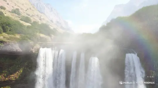 画面：
镜头骤降，贴近瀑布中段 —— 水流突然 “活” 了过来，从平缓的 “挂落” 转为奔腾的 “飞泻”：千万条水线如白箭般砸向下方的深潭，撞击处激起大片雪白的水花，水雾弥漫成轻纱，被山风卷着向镜头扑来（镜头带轻微 “湿润感” 特效）。
阳光穿过水雾，在水流中折射出彩虹的碎片，随水花起落闪烁。潭水碧绿如翡翠，被瀑布冲击出环形波纹，向四周扩散。
音效：
水流声变为轰鸣，加入低沉的鼓点模拟 “雷霆”，古筝音转为激昂的颤音，与水声形成共振。
文字：（加粗金色字体，随水流冲击感弹出）
“飞流直下三千尺” by Hailuo AI Video Generator