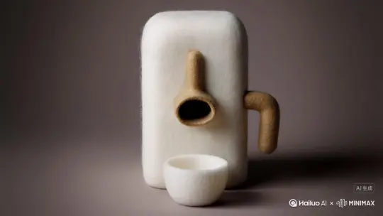 一个白色的毛毡咖啡机正在给毛毡杯子注入深褐色饮料，要求全景 by Hailuo AI Video Generator