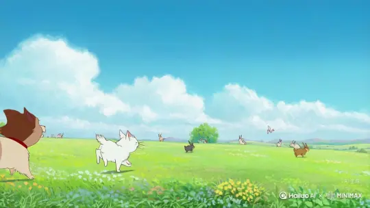 蓝天白云   风景秀美小狗小猫 在奔跑  还有很多其他的动物  可以是动画 by Hailuo AI Video Generator