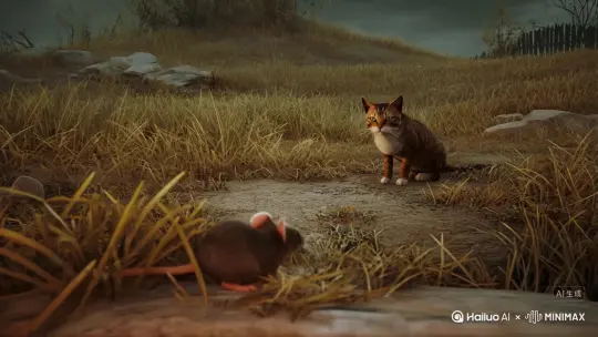 帮我生成一只老鼠和猫野外绝地求生视频 by Hailuo AI Video Generator