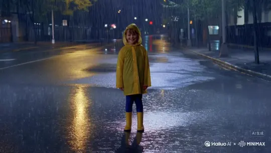 一个女孩在暴雨中游戏 by Hailuo AI Video Generator