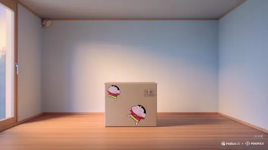 {
    "description": "电影视角下，一个空房间里，有个印着蜡笔小新图案的纸箱。纸箱开始颤动并打开，里面的物品迅速组装成充满蜡笔小新元素的房间。房间布置温馨有趣，无文字。",
    "style": "电影感",
    "camera": "固定广角",
    "lighting": "自然暖光，带柔和氛围光",
    "room": "蜡笔小新主题房间",
    "elements": [
        "印有蜡笔小新图案的纸箱",
        "蜡笔小新玩偶",
        "小新造型的抱枕",
        "小新图案的杯子",
        "小新形象的壁画",
        "动感超人玩具",
        "黄色调为主的床品",
        "带有小新脚印的地毯",
        "小新同款黄色收音机",
        "美冴围裙样式的挂饰",
        "小白造型的摆件",
        "春日部防卫队旗帜"
    ],
    "motion": "纸箱打开，物品快速且精确组装",
    "ending": "充满童趣、以黄色为主调的蜡笔小新主题空间",
    "text": "无",
    "keywords": [
        "16:9",
        "蜡笔小新",
        "快速组装",
        "无文字",
        "黄色调",
        "童趣"
    ]
} by Hailuo AI Video Generator