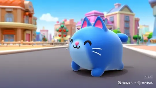 3D动画风格，画面主体是一个蓝色的胖猫，耳朵内侧为粉色，有着白色的胡须和粉色的鼻子，在街上走着 by Hailuo AI Video Generator