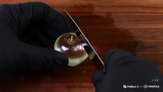 用一用一个镜头特写拍一个带着黑色橡胶手套的人（只要显示手部特写，不用显示人的样貌）用一把餐刀要有反光细节，切一个玻璃水果，苹果，菠萝，草莓都可以被切的玻璃水果触碰时要有玻璃破碎，然后有类似糖果的质感，切下要顺畅，有破裂的痕迹。他的动作正常速度正常，切下的水果要整齐排列且有反光，保持玻璃特质能够反光，在一个木质案板上切玻璃水果，切片时要一片一片的切，要有玻璃的声音。 by Hailuo AI Video Generator
