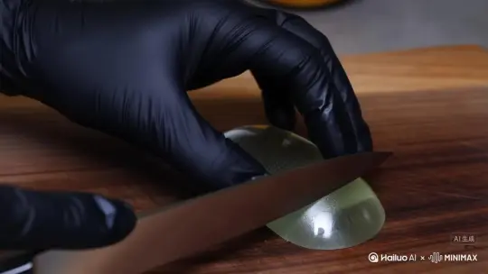 用一用一个镜头特写拍一个带着黑色橡胶手套的人（只要显示手部特写，不用显示人的样貌）用一把餐刀要有反光细节，切一个玻璃水果，苹果，菠萝，草莓都可以被切的玻璃水果触碰时要有玻璃破碎，然后有类似玻璃的外貌和黄油的质感，切下要顺畅，有破裂的痕迹。他的动作正常速度正常，切下的水果要整齐排列且有反光，保持玻璃特质能够反光，在一个木质案板上切玻璃水果，切片时要一片一片的切，要有玻璃的声音，刀刚碰上时有玻璃碎屑不用太多 by Hailuo AI Video Generator