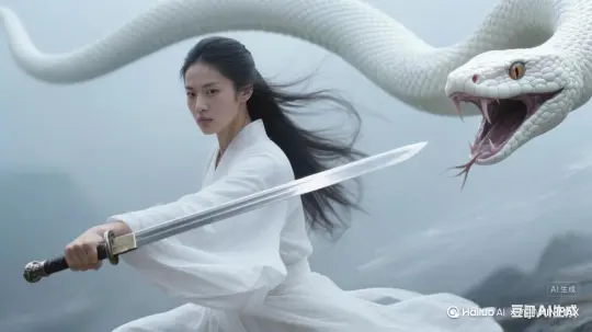 美女落地瞬间,大蛇突然加速,蛇身如绳索般缠绕住她的腰、手臂与双腿。蛇鳞摩擦道袍发出沙沙声响,她手中的剑被挤压在身侧,表情因束缚而紧绷,但眼神依旧锐利。胸部因身体被缠绕而微微起伏,道袍褶皱自然堆叠。音效:鳞片摩擦织物声+美女压抑的闷哼。 by Hailuo AI Video Generator