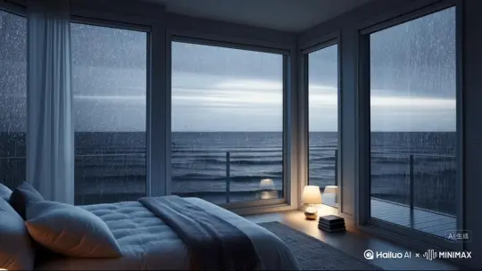 海边的房子一角，三面落地窗，窗外是雨和一望无际的大海，蓝调，屋内一张床，一个氛围灯，一摞书，彻底的放松感聆听海和雨的声音，眺望满天雨幕和大海 by Hailuo AI Video Generator
