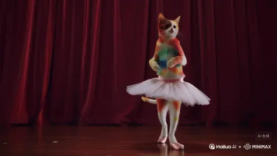 /彩色的猫咪在跳芭蕾舞[推出,上升,下摇] by Hailuo AI Video Generator