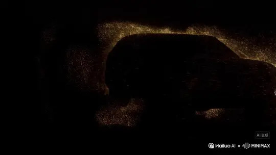 黑屏中暖沙金粒子(#D4AF37)从四周向中心轻柔漂移，粒子凝聚成2025沃尔沃XC90 T8侧影轮廓并带金色边缘光，轮廓瞬间炸裂成漫天暖沙金星尘向外飞散，16：9 by Hailuo AI Video Generator
