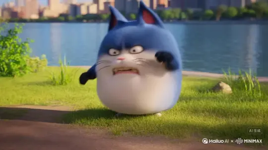 一只蓝白胖猫非常生气说旺仔小乔门票太贵，说着说着就跳河了，猫和声色为小黄人[左移,推进,右摇] by Hailuo AI Video Generator