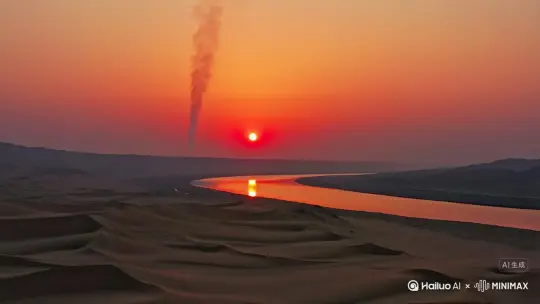 大漠孤烟直，长河落日圆。 
一望无垠的大漠，空旷而高远，壮阔而雄浑，当红日西坠，地平线尽头一片殷红，磅礴中亦有种苍凉感。 
上古的烽烟早已在岁月中逝去，黄河古道虽然几经变迁，但依旧在。 by Hailuo AI Video Generator