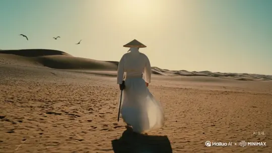 一位身穿白衣手持佩剑头戴斗笠的青年男子在沙漠中缓步前行，微风拂过衣袂飘扬，镜头跟随其背影，阳光炙热，天空中两只苍鹰盘旋而过，侠客气息与苍凉感交织。 by Hailuo AI Video Generator
