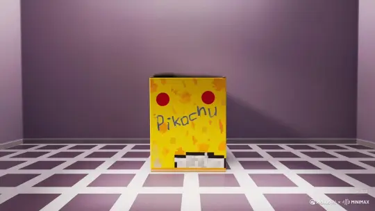 Long shot, fixed lens, cinematic shot of a sealed, empty room. A cardboard box sits in the center, wrapped in vibrant yellow paper with lightning-bolt patterns and red-cheek decals, prominently stamped "Pikachu". The box vibrates with electric crackling sounds before bursting apart in a shower of golden sparks. From within, a whirlwind of Pokémon-themed elements—a Poké Ball-shaped beanbag, a charging-station nightstand with glowing ports, a pixel-art wall mural of Kanto forests, a berry-patterned shag rug, a rotating Pokédex lamp, curtain rods shaped like Thunderbolt attacks, a miniature gym badge display case, a potted "Oddish" succulent, bunk beds styled as a Pokémon Center healing pod, and a window casting electric-yellow light—energetically assemble. A static Pikachu figure mid-cheer pose rockets out, landing permanently atop the beanbag. Its lightning-tipped tail pulses with a soft amber glow that illuminates drifting dust motes. The space radiates warm golden tones as simulated sunset beams streak through the window, casting dynamic zigzag shadows across checkerboard flooring. Soundscape layers: buzzing static, a sharp PIKA-PIKA! burst, cushioned thuds of furniture landing, glass badges clinking, and a final resonant *zap* from the tail. No text. Shot in fixed wide angle, cinematic style. by Hailuo AI Video Generator