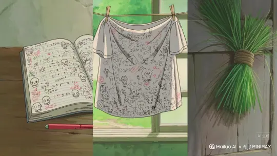 宫崎骏画风,镜头切换,(小萱,女生,二年级小学生,朴素,双马尾黑发,甲子脸,双眼皮,小嘴巴,大眼睛,可爱调皮,白色连衣裙,白色短袜,白色鞋子,接下来所有视频使用此造型)镜头1出现2秒:破旧的桌上,写着数学计算题的笔记被画满了可爱小骷髅,切换镜头2出现2秒:晾在窗外的白布衫被黑笔和红笔涂抹上很多儿童画,切换镜头3出现2秒:破旧的宿舍门被捆了很多野草,还涂鸦着“1+1=3 12-8=0”。 by Hailuo AI Video Generator