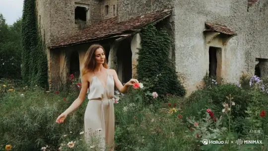 a beautiful woman standing near an ancient house and picking a beautiful flower in her hand by Hailuo AI Video Generator