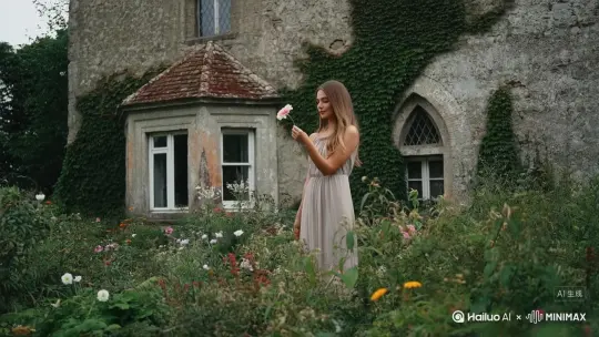 a beautiful woman standing near an ancient house and picking a beautiful flower in her hand by Hailuo AI Video Generator