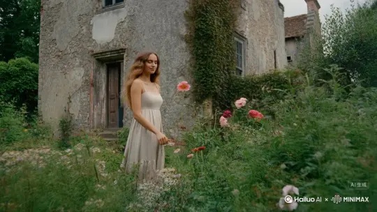 a beautiful woman standing near an ancient house and picking a beautiful flower in her hand by Hailuo AI Video Generator