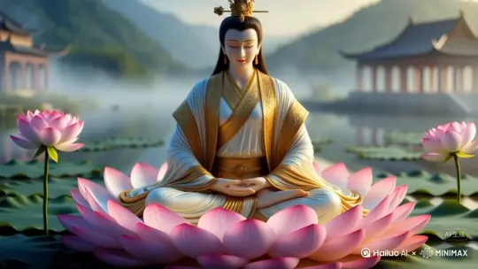 china buddist god is sitting on the lotus by Hailuo AI Video Generator