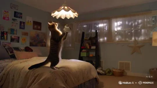 一只猫猫在装吸顶灯,then he jump from bed and become a cute pig by Hailuo AI Video Generator