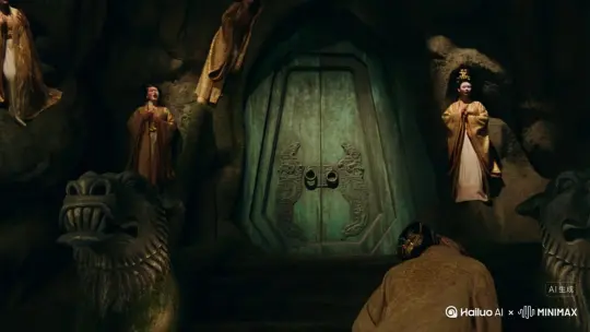 昏暗潮湿的山洞里，光线斜射在满是青苔的石壁上，有个生满绿色铜锈的厚重青铜大门，前景门边矗立着两尊巨大的猛首石像，几个东方面孔穿着华丽贵妃服饰的女尸，面部一半腐烂，她们以反重力的方式爬行在墙壁上，死死的盯着大门咆哮着。大门在内部不断地遭受着撞击，仿佛一头巨兽就要冲出。镜头缓慢靠近至中国面孔的女尸面部，景深效果明显，画面极度唯美，具有质感和美学。[右移,左摇,跟随] by Hailuo AI Video Generator
