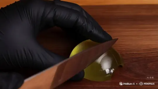 用一用一个镜头特写拍一个带着黑色橡胶手套的人（只要显示手部特写，不用显示人的样貌）用一把餐刀要有反光细节，切一个透明玻璃苹果，可以被切的玻璃水果触碰时要有玻璃破碎，然后有类似玻璃的外貌和黄油的质感，切下要顺畅，有破裂的痕迹。他的动作正常速度正常，切下的水果要整齐排列且有反光，保持玻璃特质能够反光，在一个木质案板上切玻璃水果，切片时要一片一片的切，要有玻璃的声音，刀刚碰上时有玻璃碎屑不用太多 by Hailuo AI Video Generator