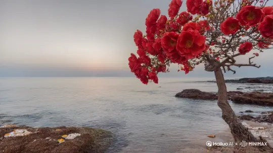 海风裹着咸涩的潮气漫过来，远处的海与天还浸在鱼肚白的朦胧里，忽然，海平面泛起一片碎金，像谁撒了把星星揉进浪里——那是太阳要升了。
岸边那株树，像是被谁泼了整罐朱砂。枝桠斜斜探向海面，枝桠间坠满重瓣红花，每一片都鼓胀得要裂开，红得浓烈却不灼人，倒像被晨露浸过的玛瑙，边缘还凝着细水珠，在微光里闪着碎钻似的光。风过处，花瓣轻轻颤，有几片落向海面，飘着飘着就被浪托住，成了海面上的“流动红花”——而整棵树的影子正落进海里，与浪的褶皱叠在一起，红与蓝在波纹里揉成一片，像谁打翻了调色盘，却又恰好调成了最温柔的模样。
从海里“长”出来的光，最动人的是那轮红日。它本还藏在海平线后，只露出半张脸，却已把海水染成了熔金的河——靠近岸边的浪尖，被阳光吻出鳞片似的反光，像谁把碎银撒进了绸缎；再远些，海水由浅蓝渐变成靛青，却仍托着那团越来越亮的火球。终于，“唰”地一下，太阳挣出海面，圆滚滚的，像刚从熔炉里捞起的金盘，边缘还沾着海水蒸腾的薄雾，把日光柔成了暖橘色。光线漫过来，给浪花镶上金边，给红花的瓣尖点了层蜜色，连礁石上的贝壳都闪起来，白的像珍珠，黄的像琥珀。 by Hailuo AI Video Generator